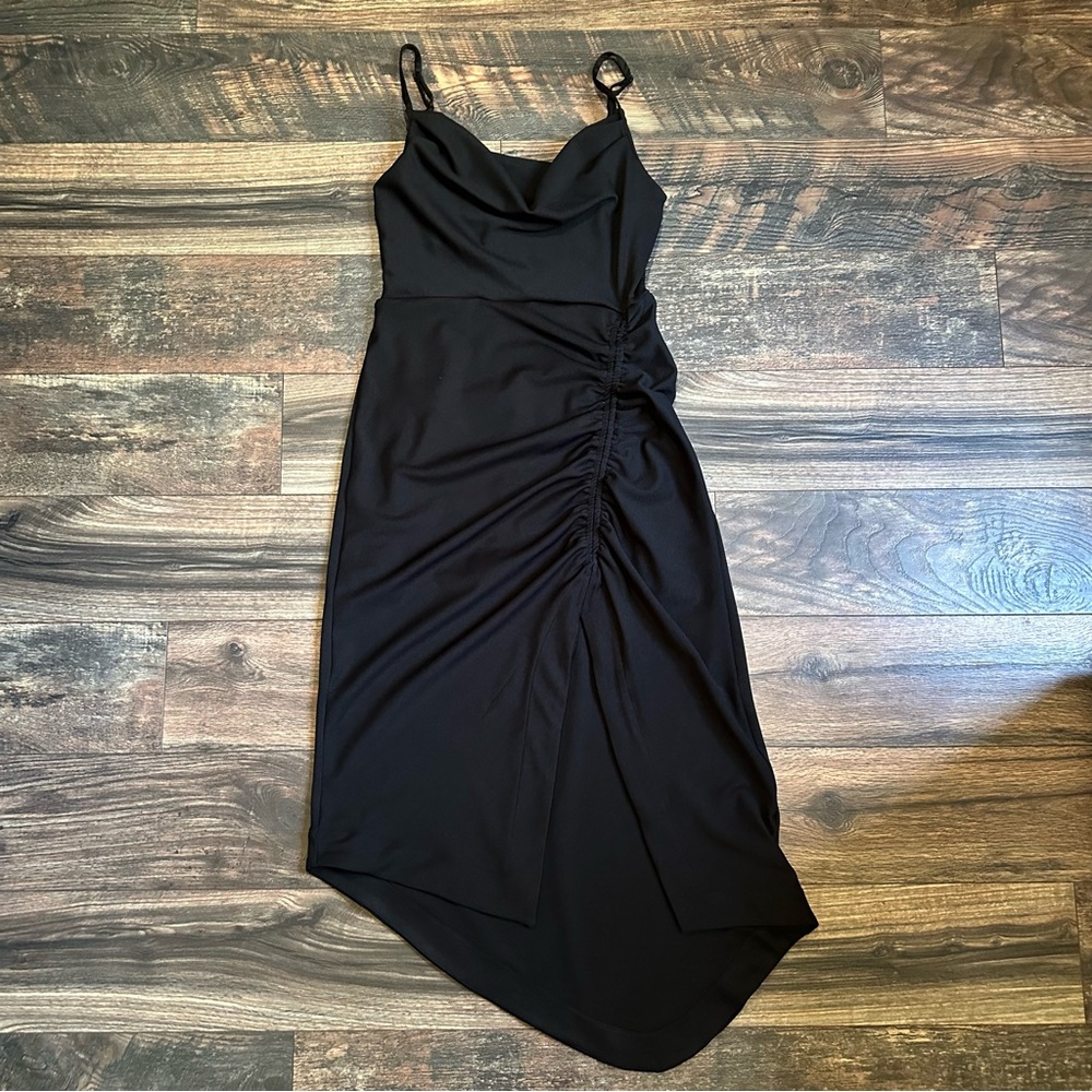 Anthropologie Cowl-neck ruched black midi sleeveless dress size small - Picture 5 of 15